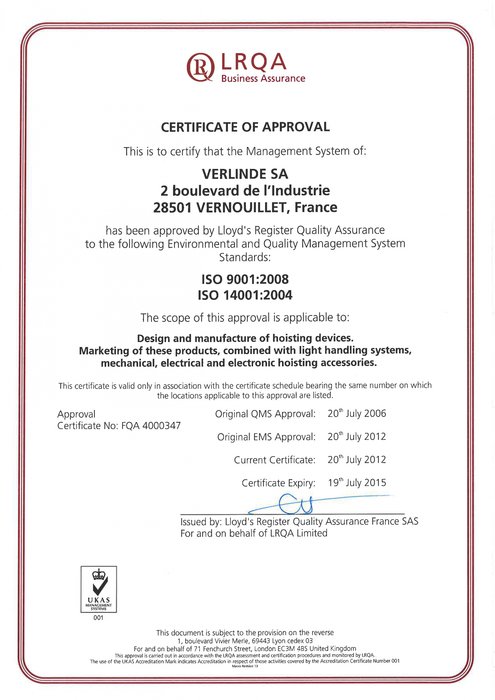 VERLINDE SA est certifiée ISO 14001 – 2004